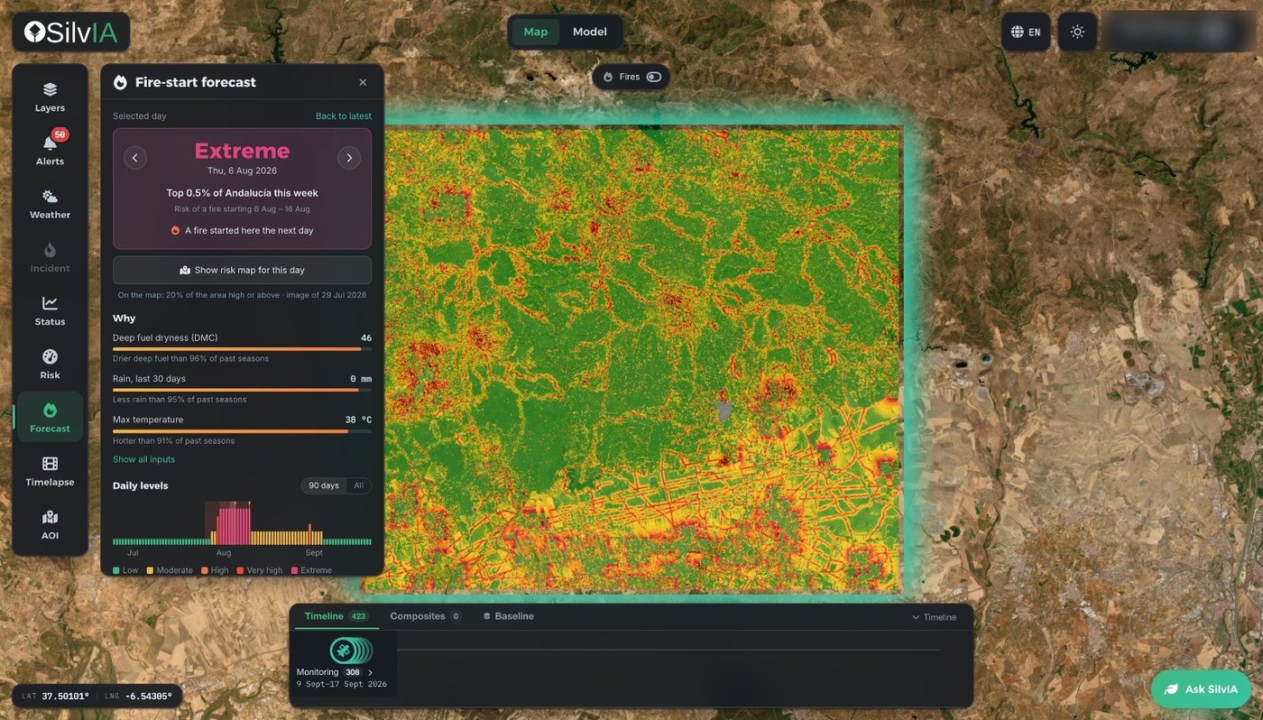 Plataforma SilvIA Earth: previsión de riesgo de incendio (forecast) con mapa de ignición